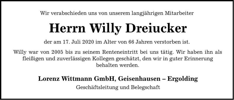 Traueranzeige Willy Dreiucker