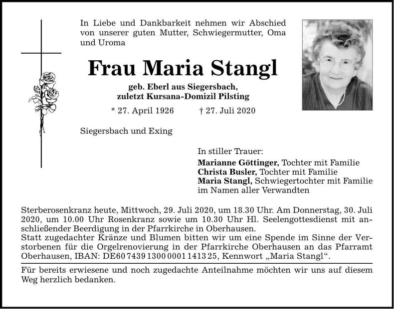 Traueranzeige Maria Stangl
