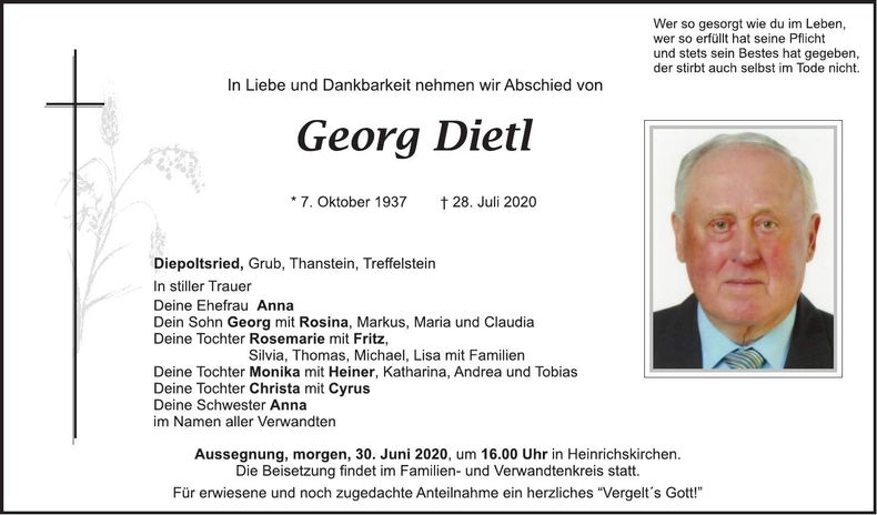 Traueranzeige Georg Dietl