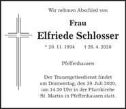 Traueranzeige Elfriede Schlosser