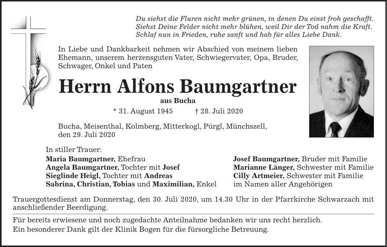Traueranzeige Alfons Baumgartner