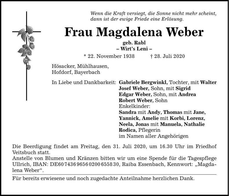 Traueranzeige Magdalena Weber