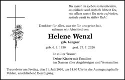 Traueranzeige Helene Wenzl