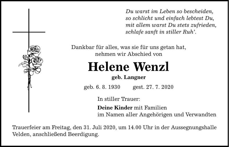 Traueranzeige Helene Wenzl