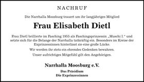 Traueranzeige Elisabeth Dietl