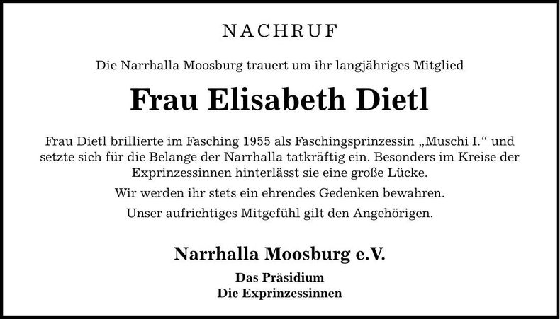 Traueranzeige Elisabeth Dietl