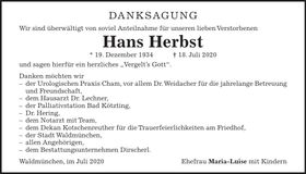 Traueranzeige Hans Herbst