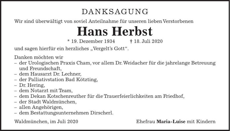 Traueranzeige Hans Herbst