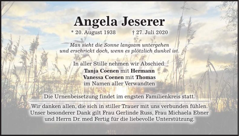Traueranzeige Angela Jeserer
