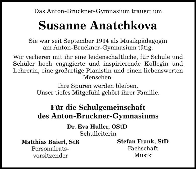 Traueranzeige Susanne Anatchkova