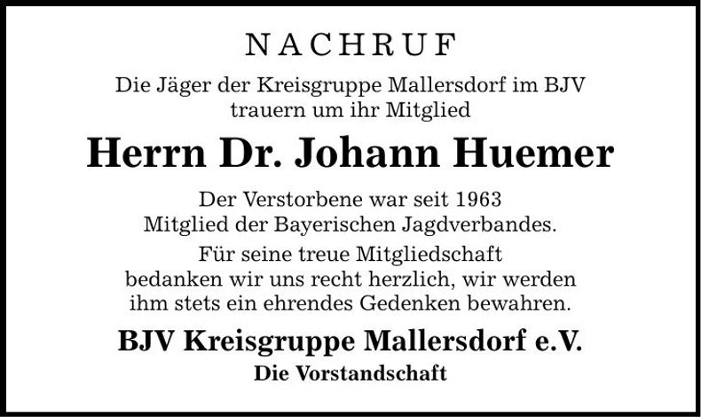 Traueranzeige Johann Huemer
