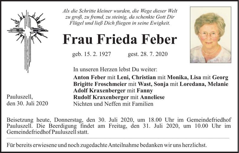 Traueranzeige Frieda Feber