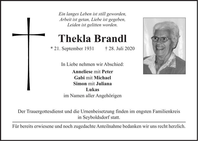 Traueranzeige Thekla Brandl