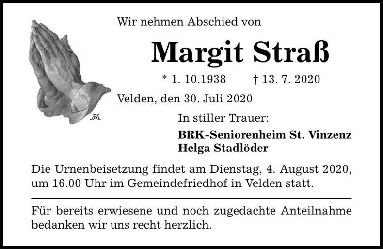 Traueranzeige Margit Straß