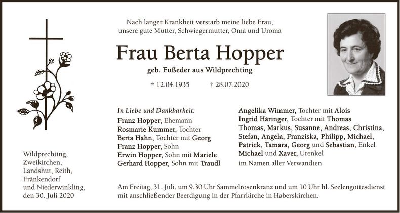 Traueranzeige Berta Hopper