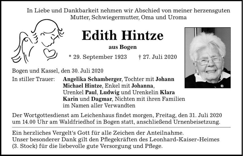 Traueranzeige Edith Hintze
