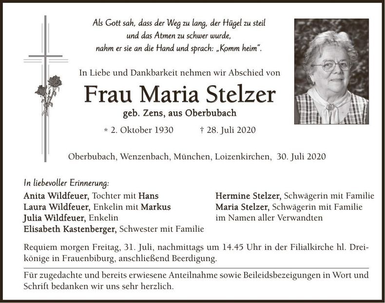 Traueranzeige Maria Stelzer