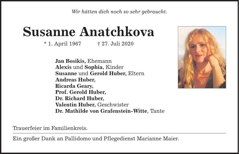 Traueranzeige Susanne Anatchkova