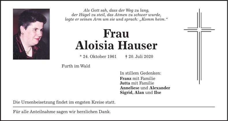 Traueranzeige Aloisia Hauser