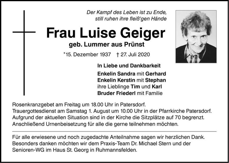 Traueranzeige Geiger Luise
