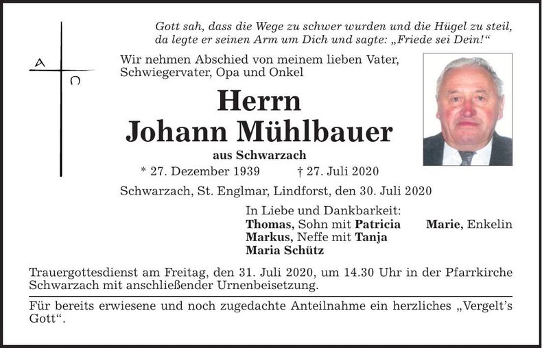 Traueranzeige Johann Mühlbauer