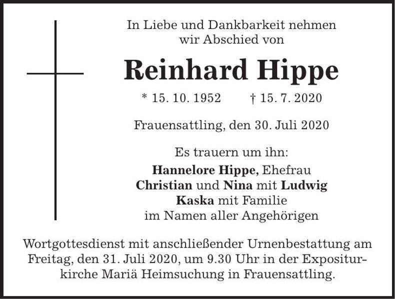Traueranzeige Reinhard Hippe