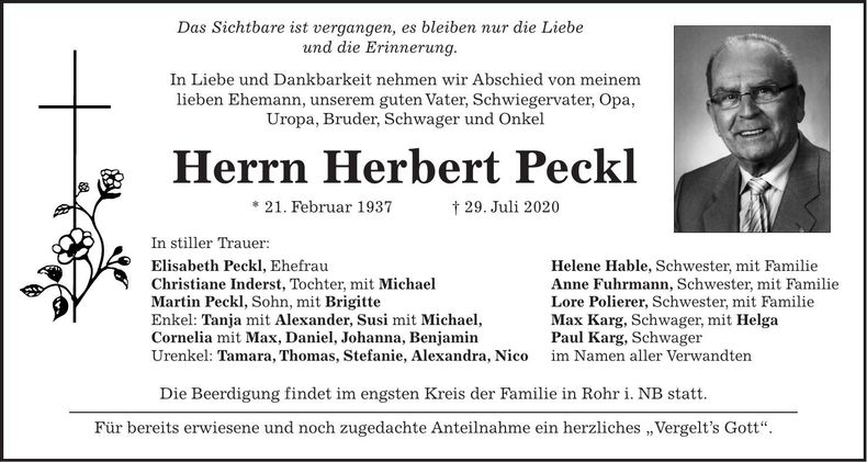 Traueranzeige Herbert Peckl