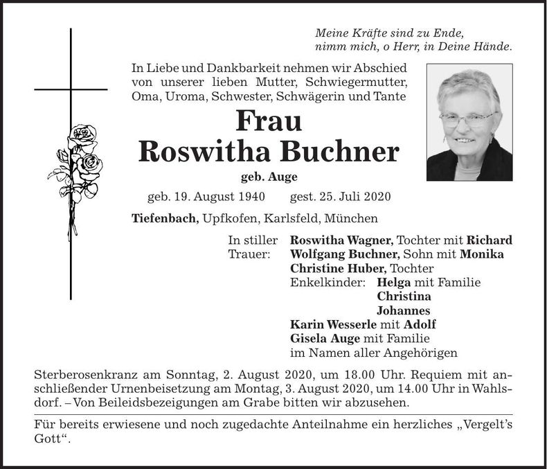 Traueranzeige Roswitha Buchner