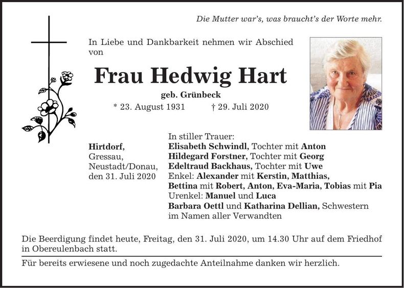 Traueranzeige Hedwig Hart