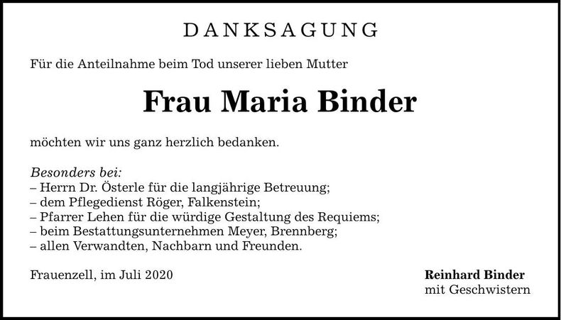 Traueranzeige Maria Binder
