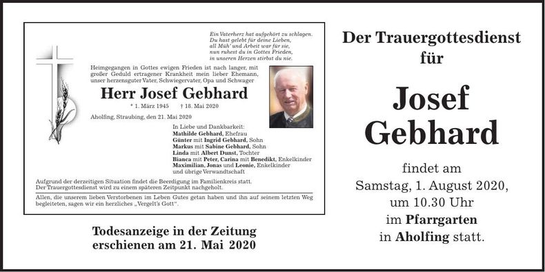 Traueranzeige Josef Gebhard