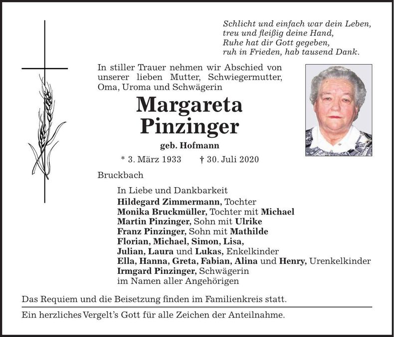 Traueranzeige Margareta Pinzinger
