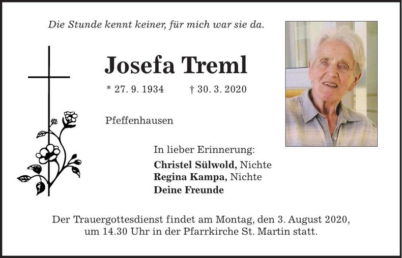 Traueranzeige Josefa Treml