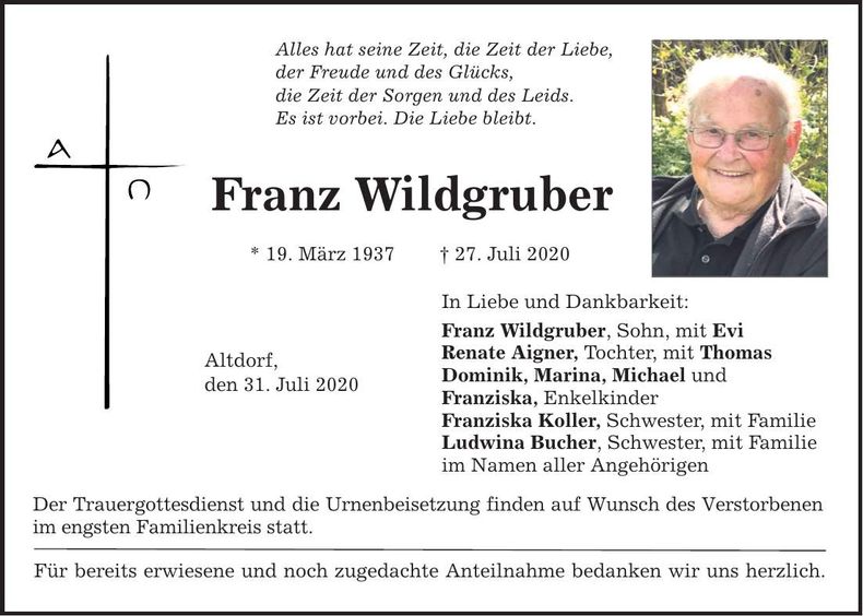 Traueranzeige Franz Wildgruber