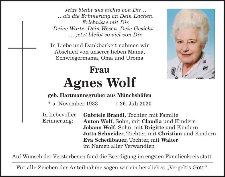 Traueranzeige Wolf Agnes