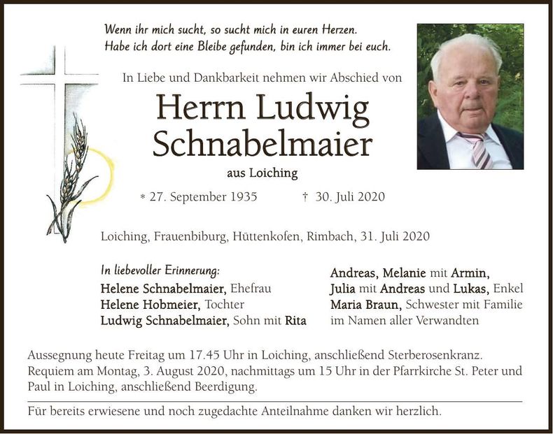 Traueranzeige Ludwig Schnabelmaier