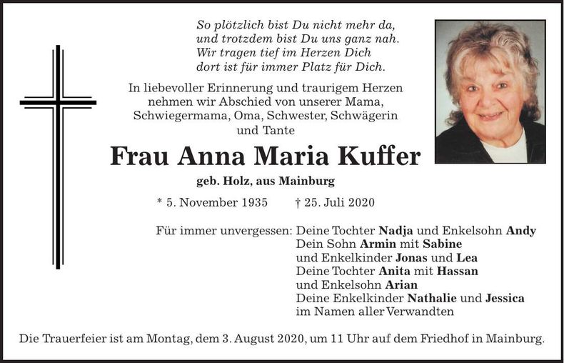 Traueranzeige Anna Maria Kuffer