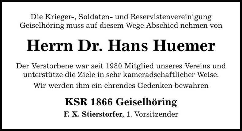 Traueranzeige Dr. Hans Huemer