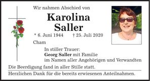 Traueranzeige Karolina Saller