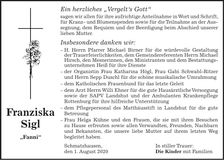 Traueranzeige Franziska Sigl