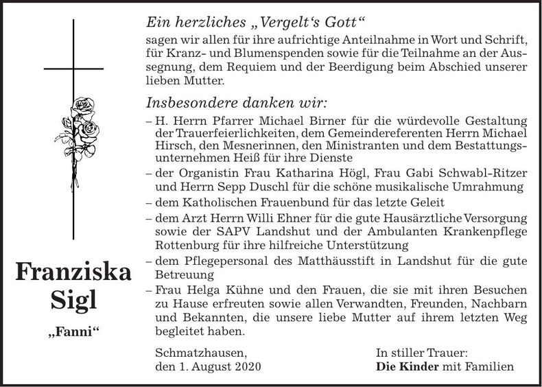 Traueranzeige Franziska Sigl
