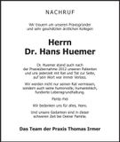 Traueranzeige Johann Huemer