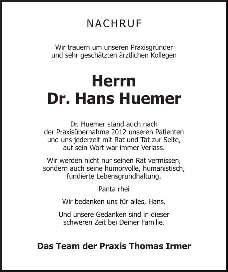 Traueranzeige Johann Huemer