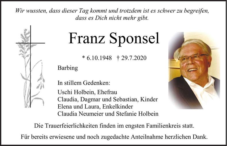 Traueranzeige Franz Sponsel