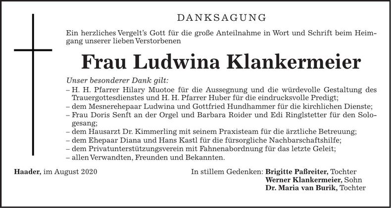 Traueranzeige Ludwina Klankermeier