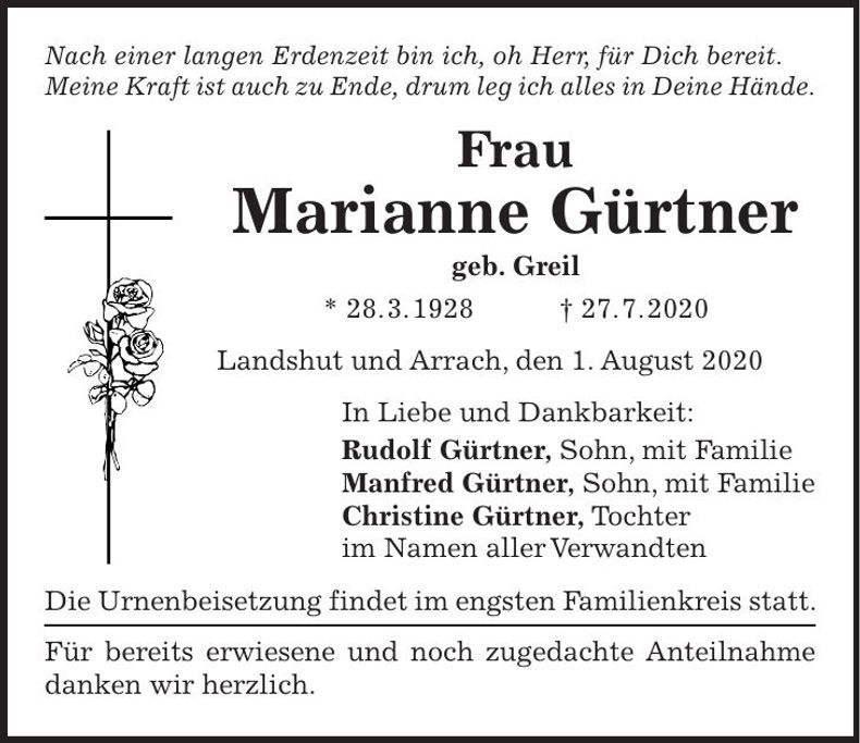 Traueranzeige Marianne Gürtner