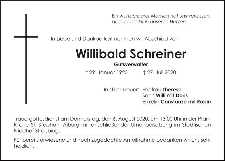 Traueranzeige Willibald Schreiner