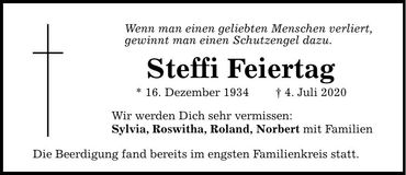 Traueranzeige Steffi Feiertag
