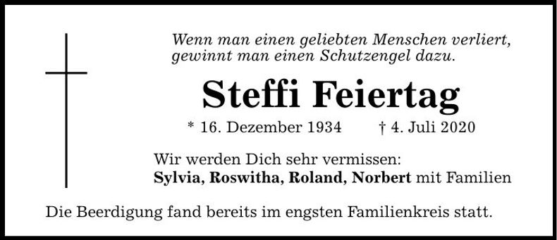 Traueranzeige Steffi Feiertag