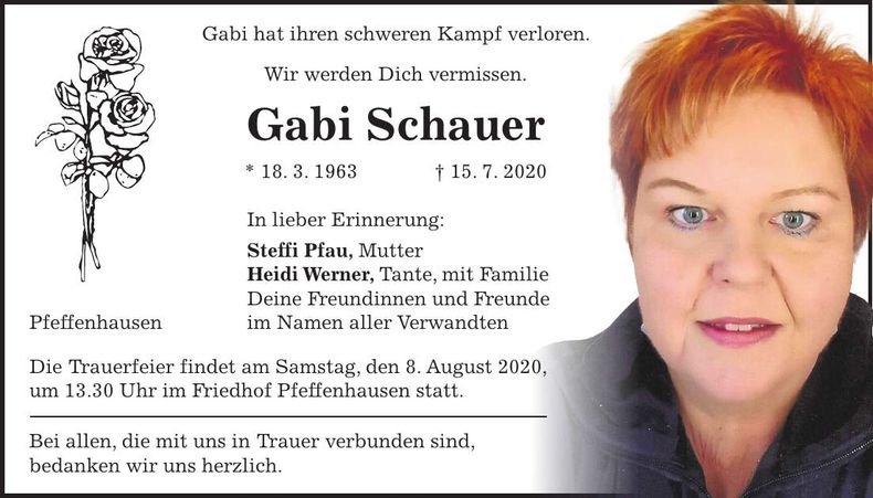 Traueranzeige Gabi Schauer